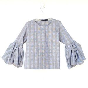 Zara Women's Plaid Top With Ruffled Bell Sleeves XS